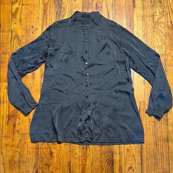 CP SHADES Women's 100% Silk‎ Pleated Blouse Black Mandarin Collar Button Up XS - Picture 1 of 13